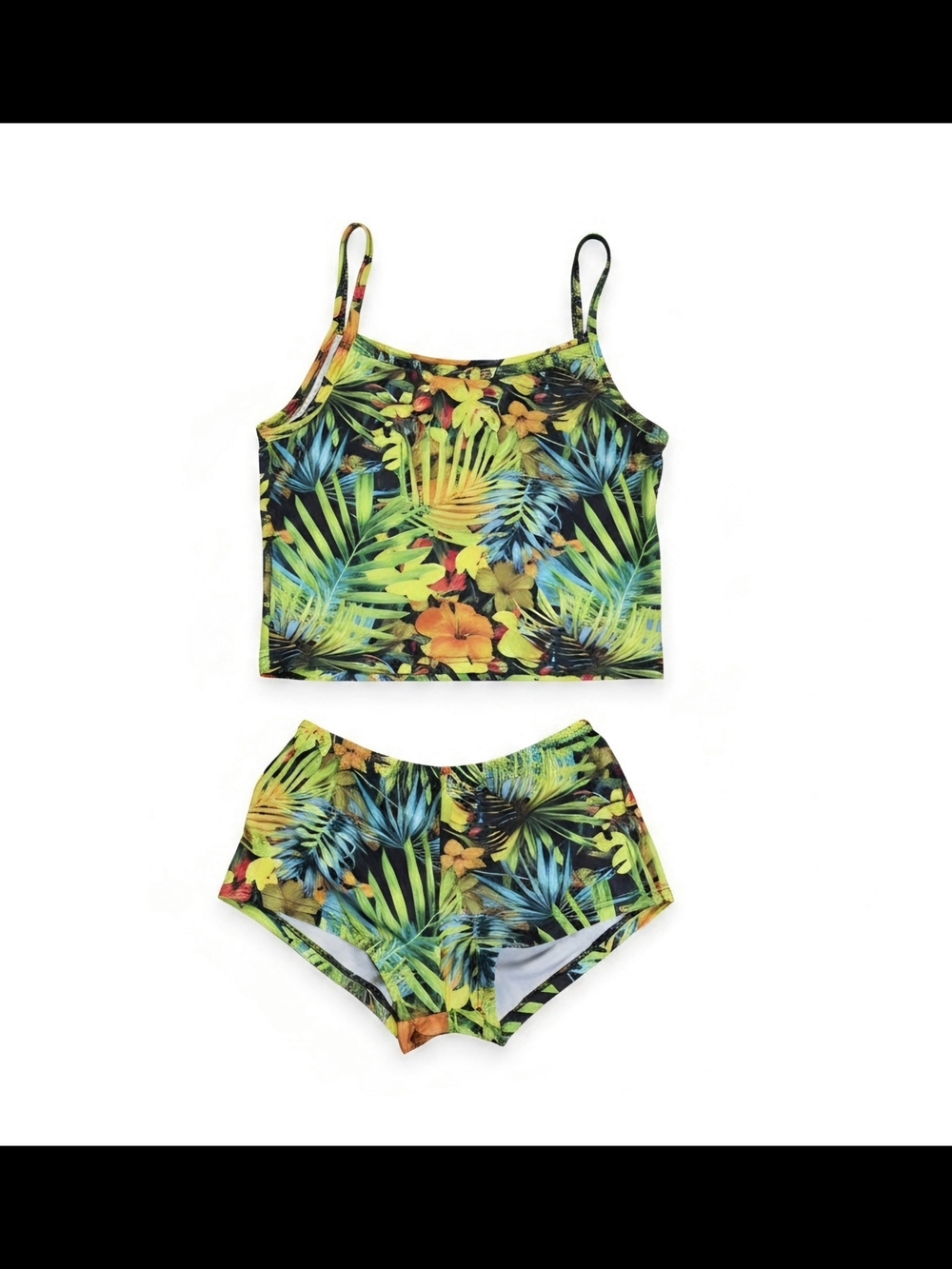 Tropical Print Crop Tank & Shorts Swim Set - Green Multi